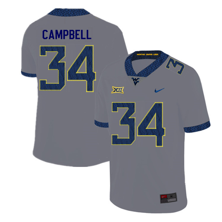 2019 Men #34 Shea Campbell West Virginia Mountaineers College Football Jerseys Sale-Gray
